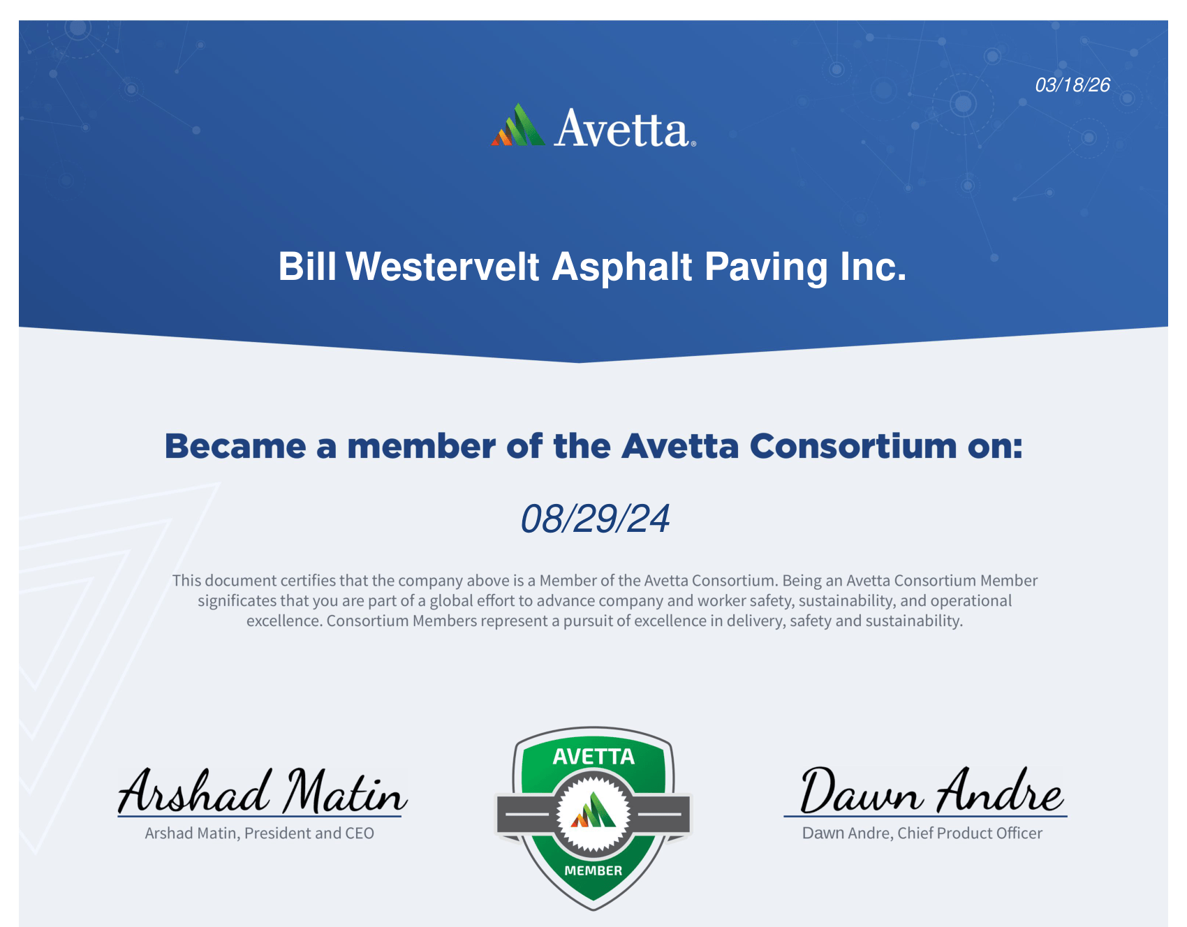 Avetta Consortium Member certification for Bill Westervelt Asphalt Paving